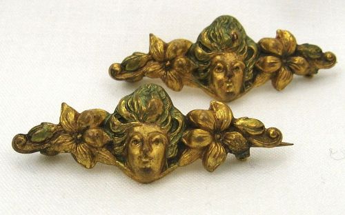 Pair of Gold-Toned Pins: Lady with Flowers