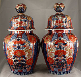 Pair Large Japanese Meiji Imari Porcelain Lidded Jars