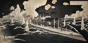 Russo-Japanese War Woodblock Print Triptych Toshihide