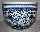 Chinese Qing Blue White Porcelain Fish Bowl Scroll Pot