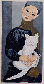 Japanese Sosaku Hanga Woodblock Print Jun'ichiro Sekino Boy With Cat