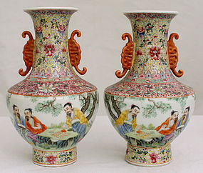Pair Chinese Republic Famille Rose Porcelain Weiqi Go Vases