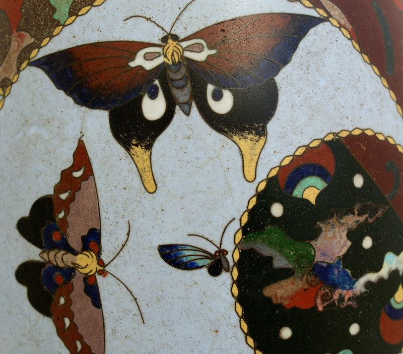 Japanese Meiji Cloisonne Enamel Barrel Form Vase Butterflies Birds