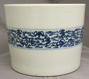 Chinese Qing Blue & White Porcelain Brush Pot Bitong Bats Among Clouds