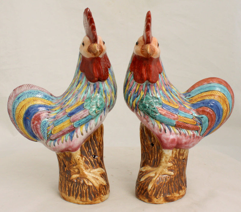 Two Chinese Qing Guangxu Famille Rose Porcelain Chicken Rooster Cock