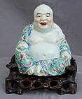 Chinese Qing Guangxu Famille Rose Porcelain Budai Custom Wood Stand