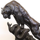Japanese Meiji Genryusai Seiya Bronze Tiger Sculpture Attacking Snake