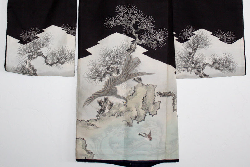 Japanese Antique Child's Formal Winter Kimono Falcon Hawk Chidori