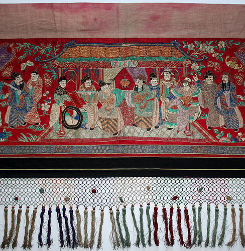 12' Long Chinese Qing Silk Embroidered Birthday Hanging Banner Textile