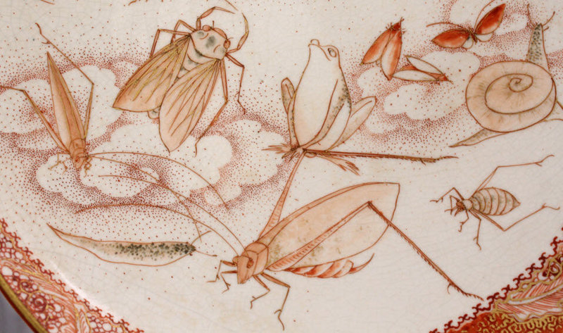 Japanese Meiji Aka-e Kutani Porcelain Plate Dish Insect Frog Dragonfly
