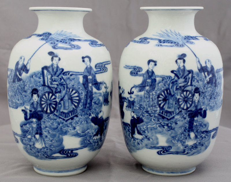 Chinese Republic Blue White Porcelain Vases Xiwangmu Qianlong Mark