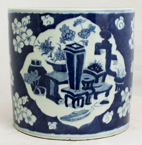 Chinese Qing Guangxu Blue & White Porcelain Brush Pot Scroll Pot