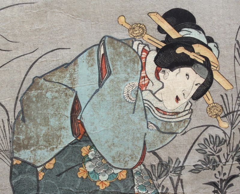 Japanese Edo Woodblock Print Triptych Kunisada Kabuki Actor Genji