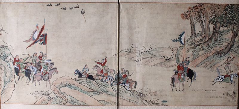 Antique 8-fold Korean Screen Ink &amp; Color on Paper Mongol Tiger Hunt