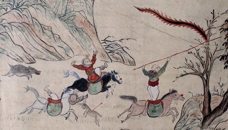 Antique 8-fold Korean Screen Ink &amp; Color on Paper Mongol Tiger Hunt