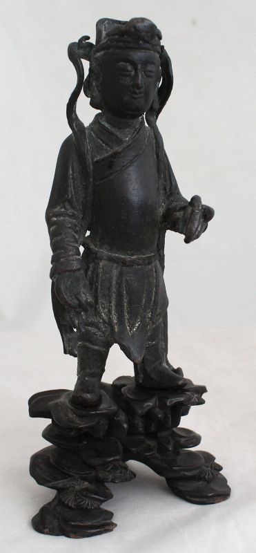 Chinese Ming Dynasty Bronze Standing Acolyte Figure Wood Stand