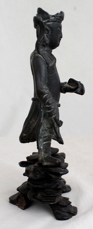 Chinese Ming Dynasty Bronze Standing Acolyte Figure Wood Stand