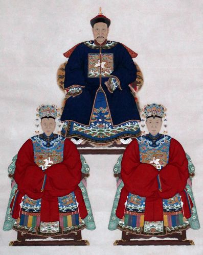 Massive Chinese Qing Ancestor Portrait Scroll Painting Mandarin Wives