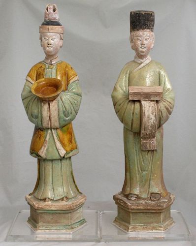 Pair of 18" Tall Chinese Ming Glazed Pottery Funerary Attendants