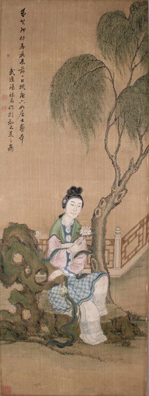 Chinese Qing Painting on Silk of a Maiden in a Garden by Tang Luming