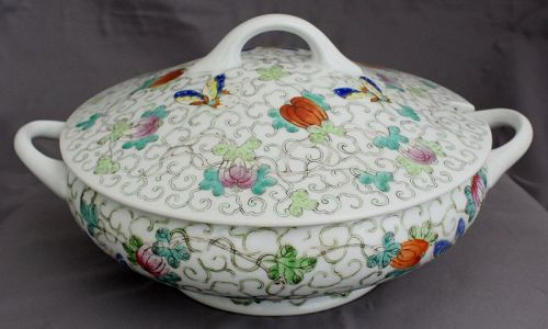 Chinese Republic Porcelain Tureen Famille Rose Butterfly Melon Gourd