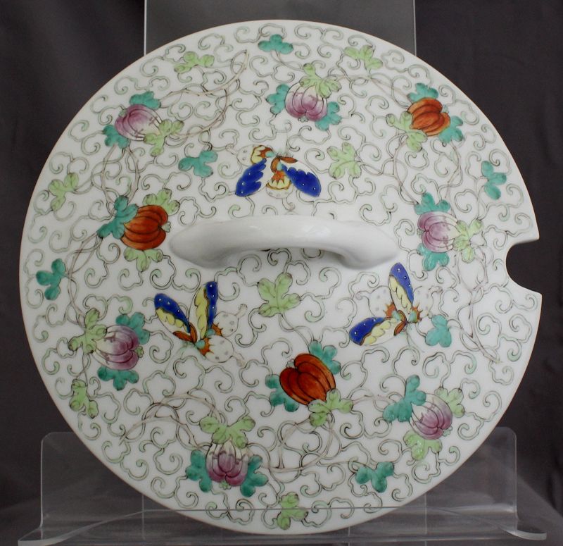 Chinese Republic Porcelain Tureen Famille Rose Butterfly Melon Gourd