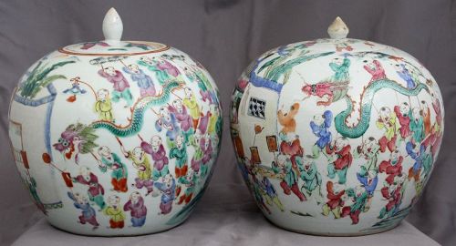 Pair Chinese Qing Famille Rose Hundred Boys Porcelain Ginger Jars Lids