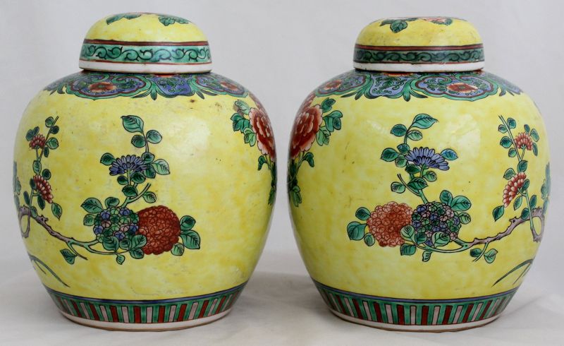 Pair Chinese Qing Famille Verte Lidded Porcelain Jars Yellow Birds