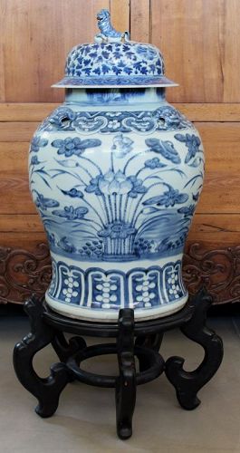 Monumental 24” Chinese Qing Blue & White Porcelain Lidded General Jar