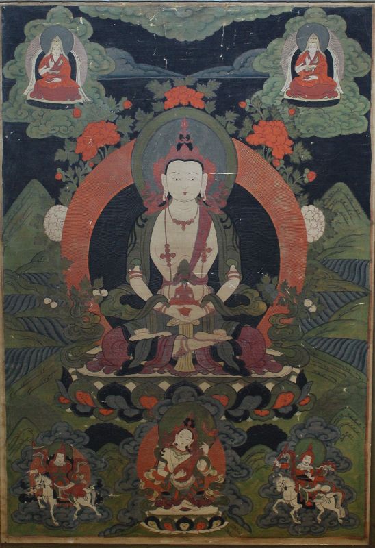 Large Tibetan Thangka Amitayus Seated on Lotus Throne, 19th Century