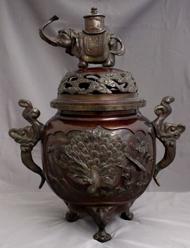 Massive 14"H Japanese Meiji Bronze Tripod Censer Koro Elephant Finial