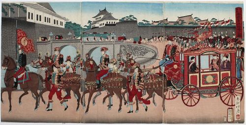 Japanese Meiji Woodblock Print Triptych Shogetsu Emperor Carriage