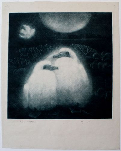 Extra Large Chinese Copperplate Etching by Wu Wulong Under the Moon