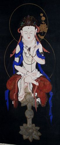 Vintage Japanese Buddhist Silk Painting Scroll Guanyin Kannon on Lotus