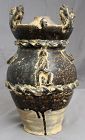 Chinese Tang Dynasty Brown Glazed Burial Wine Jar Dragon Vase with Cup