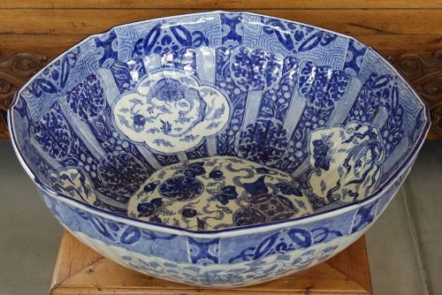 Huge 20" Dia. Japanese Meiji Arita Porcelain Punch Bowl Treasure Ship