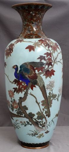 18" High Japanese Meiji Goldstone Cloisonne Vase Pheasant and Dove