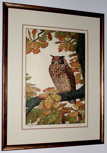 Toshi Yoshida Pencil Signed Japanese Woodblock Print Eagle Owl 1968