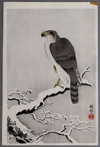 Ohara Koson Shoson 1st Edition Japanese Woodblock Print Hawk in Snow