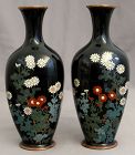 Pair Japanese Meiji Long Necked Cloisonne Vases Flowers Black Ground