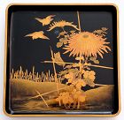 15" Square Japanese Meiji Black Gold Lacquered Wood Deep Tray Bon