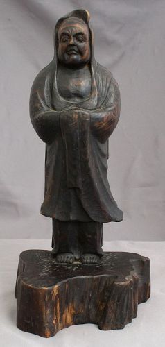 Japanese Meiji Carved Wood Standing Daruma Bodhidharma Figure