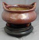 Chinese Qing Shiwan Tripod Censer Brown Glaze Imitating Bronze & Stand