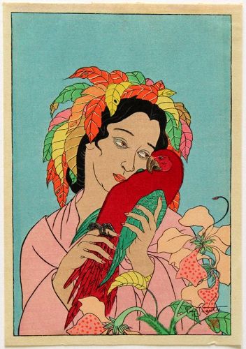 Japanese Woodblock Print Paul Jacoulet Surimono Chagrin d'Amour