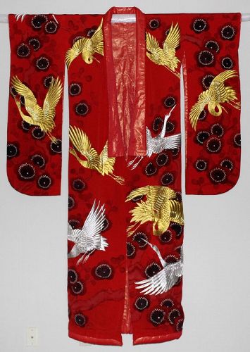 Japanese Vintage Silk Embroidered Wedding Kimono Uchikake Cranes