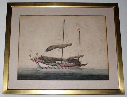 Large Chinese Qing Dynasty Export Watercolor on Paper Chinese Junk