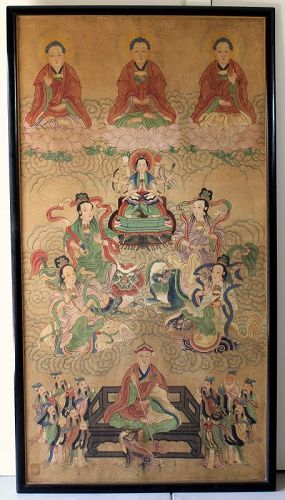 Massive Chinese Qing Ink and Color on Paper Buddhist Painting Framed
