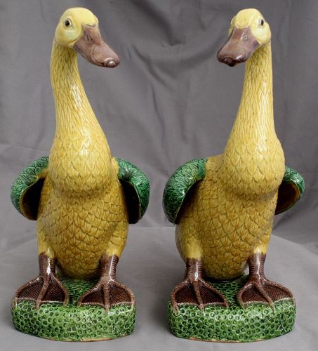Pair 11.5"H Chinese Qing Iridescent Susancai Sancai Porcelain Ducks