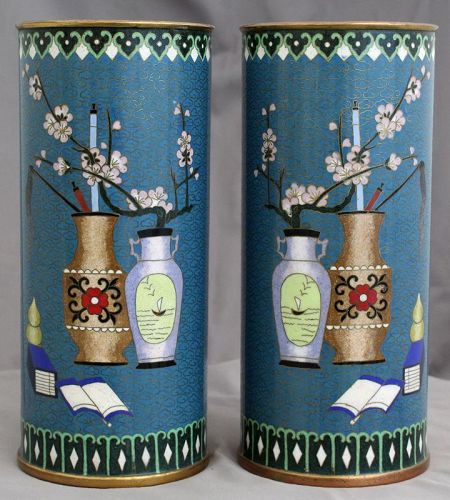 9" High Vintage Chinese Pair Cloisonne Brush Pots Scholar Desk Objects