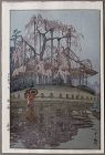 Hiroshi Yoshida Japanese Shin Hanga Woodblock Print Yozakura Rain